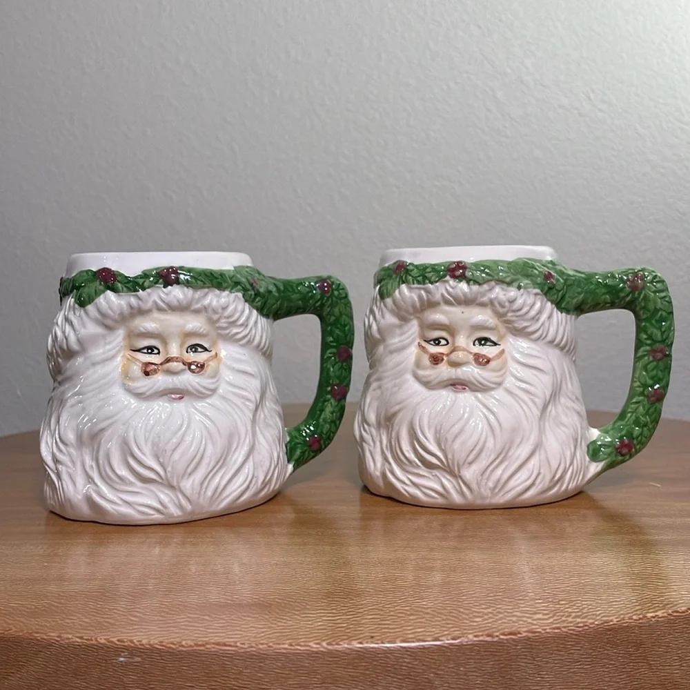 Santa Holly Christmas Mugs Jolly Old St. Nicholas Original Box Set of 2 Vintage